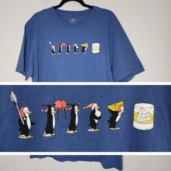 NWT J. Crew Penguin cocktail graphic blue T-shirt size XL New Flaw - Picture 1 of 16